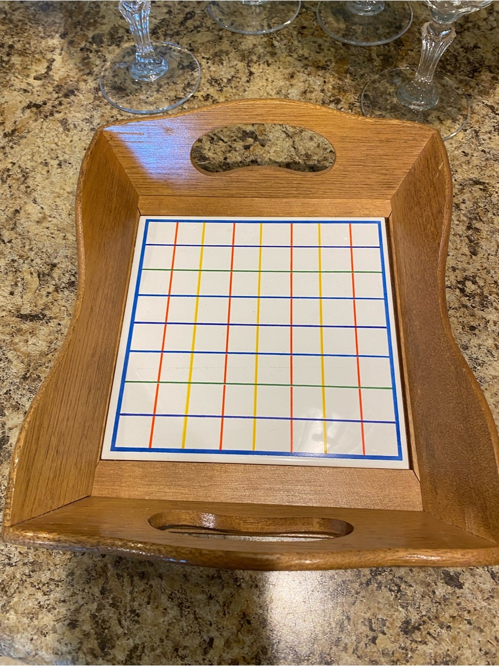 Wooden Napkin Caddy with Colorful Grid Tile Insert